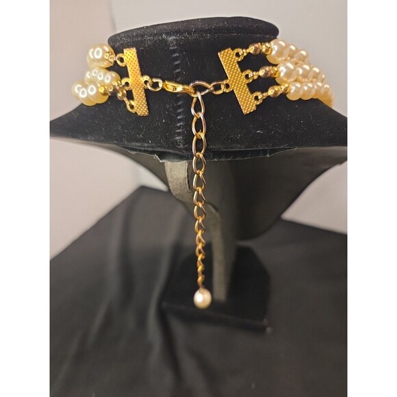 Vintage 3 Strand Faux Pearl Bridal Choker Goldtone & Rhinestone Accents 12"-16" - Picture 5 of 10